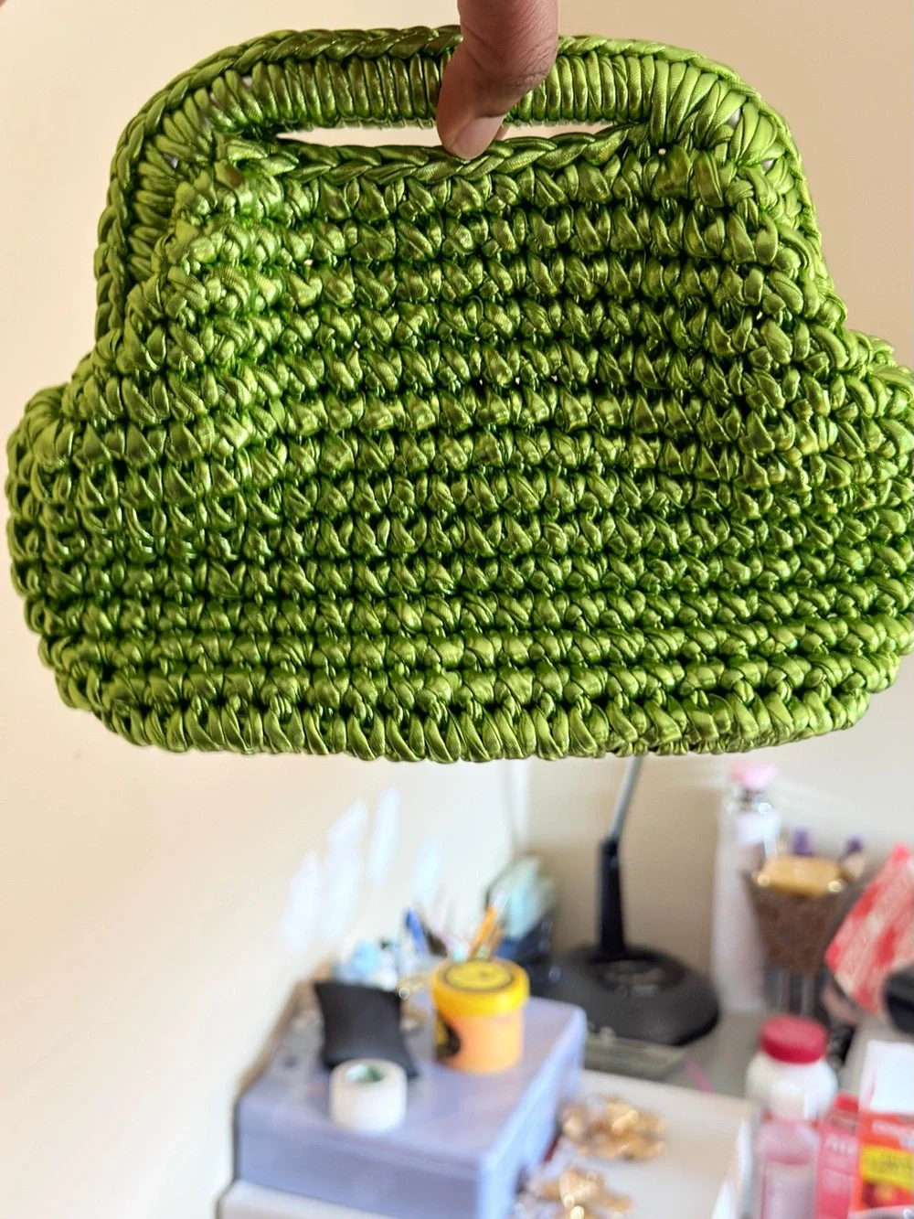Green Woven Handbag — Women's Crochet Top-Handle Bag